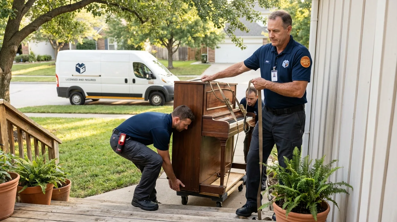Licensed piano movers securing grand piano in King, NC