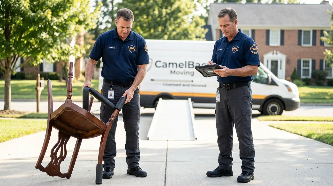 Movers inspecting furniture for damage prevention before loading in King, NC